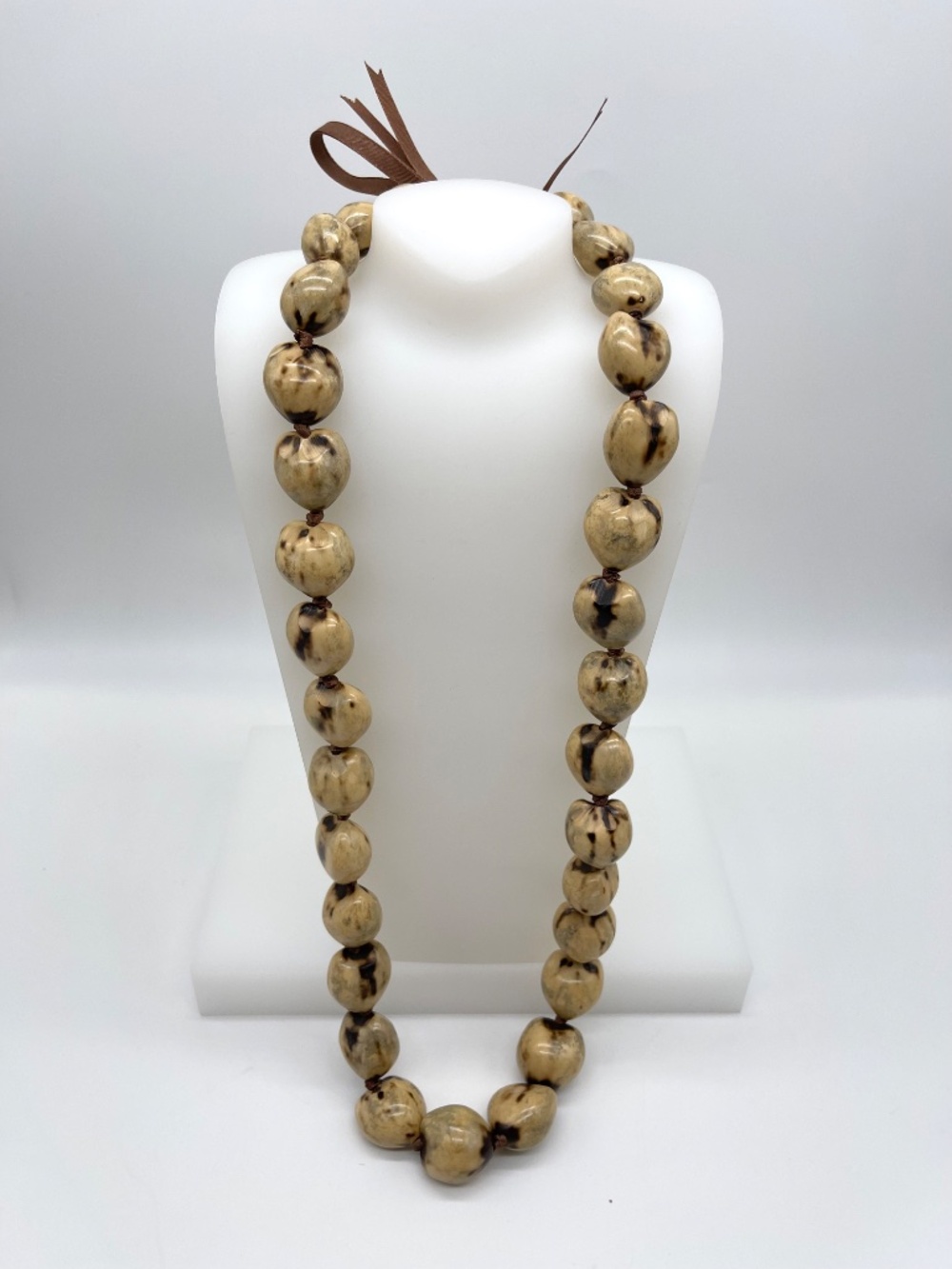 Authentic Hawaiian Variegated Kukui Nut Lei Necklace Tan Brown Ribbon Boho